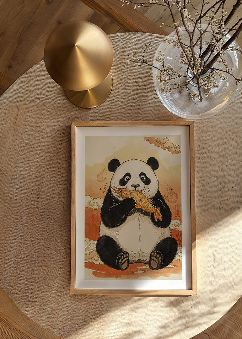 Panda bauda kraukšķīgu kārumu sapņainā ainavā.-12