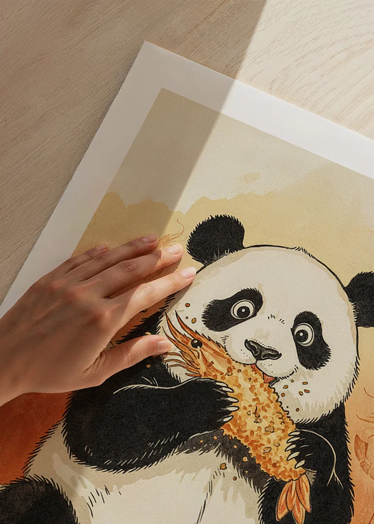 A panda enjoys a crunchy treat in a dreamy landscape.-12