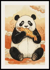 A panda enjoys a crunchy treat in a dreamy landscape.-2