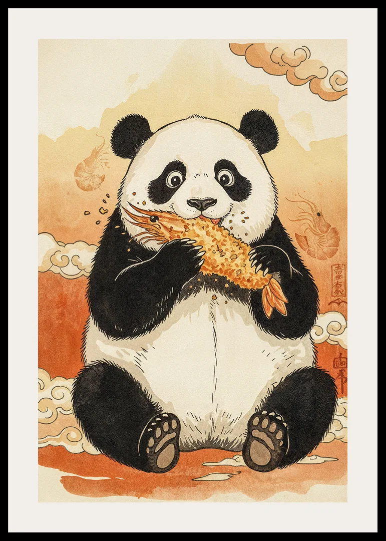 A panda enjoys a crunchy treat in a dreamy landscape.-12