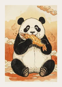 A panda enjoys a crunchy treat in a dreamy landscape.-3