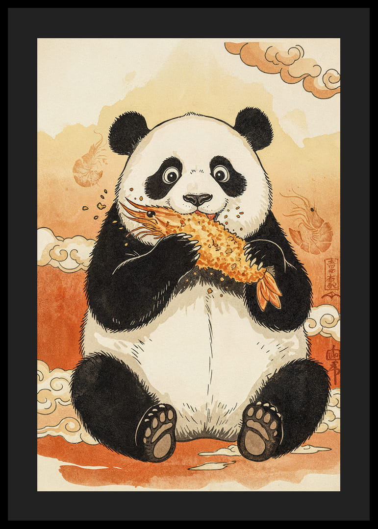 En panda njuter av en krispig godsak i ett drömskt landskap.-12