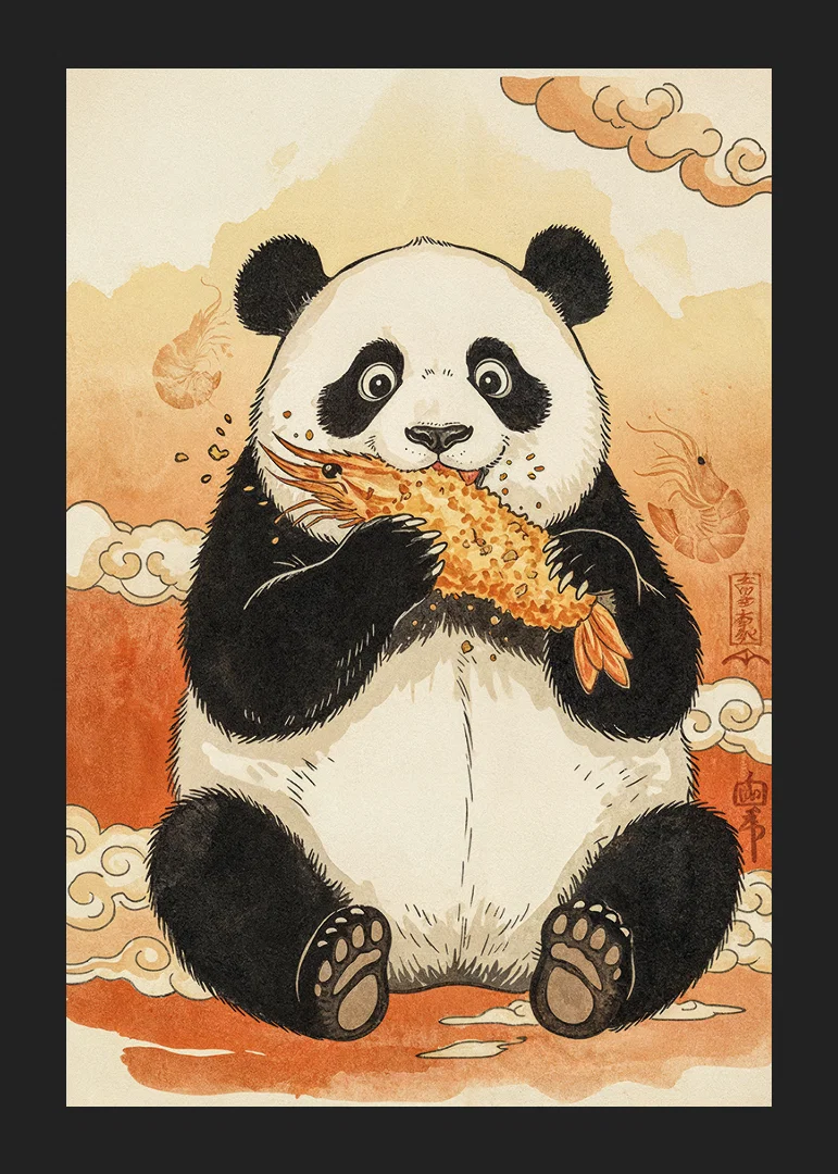 A panda enjoys a crunchy treat in a dreamy landscape.-12