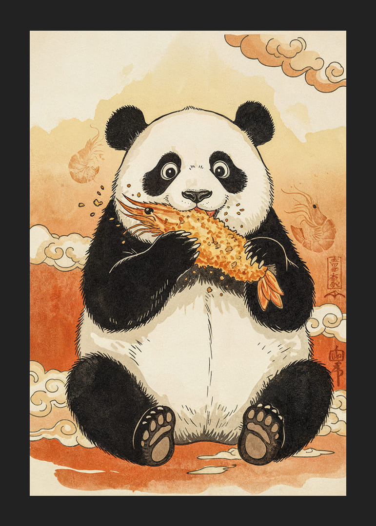 En panda njuter av en krispig godsak i ett drömskt landskap.-12