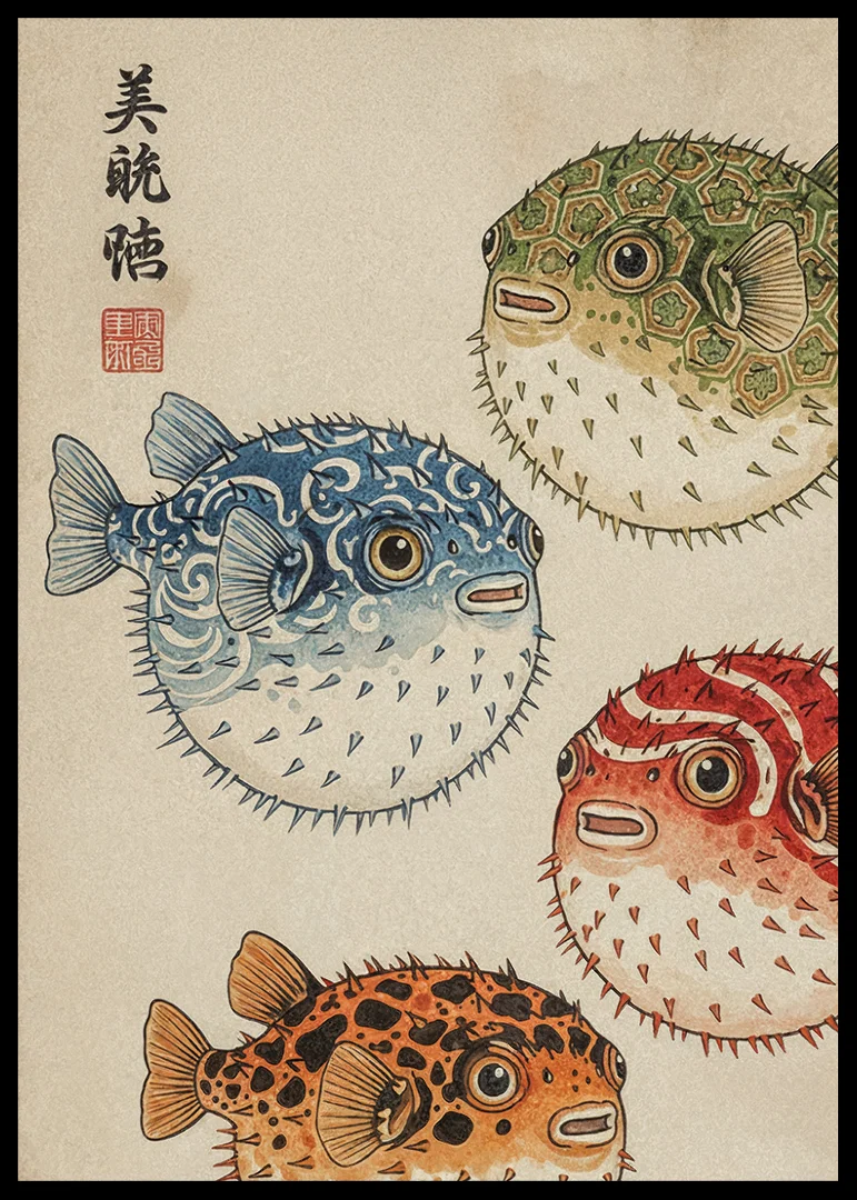 Fireworks display of colorful blowfish in traditional design.-12
