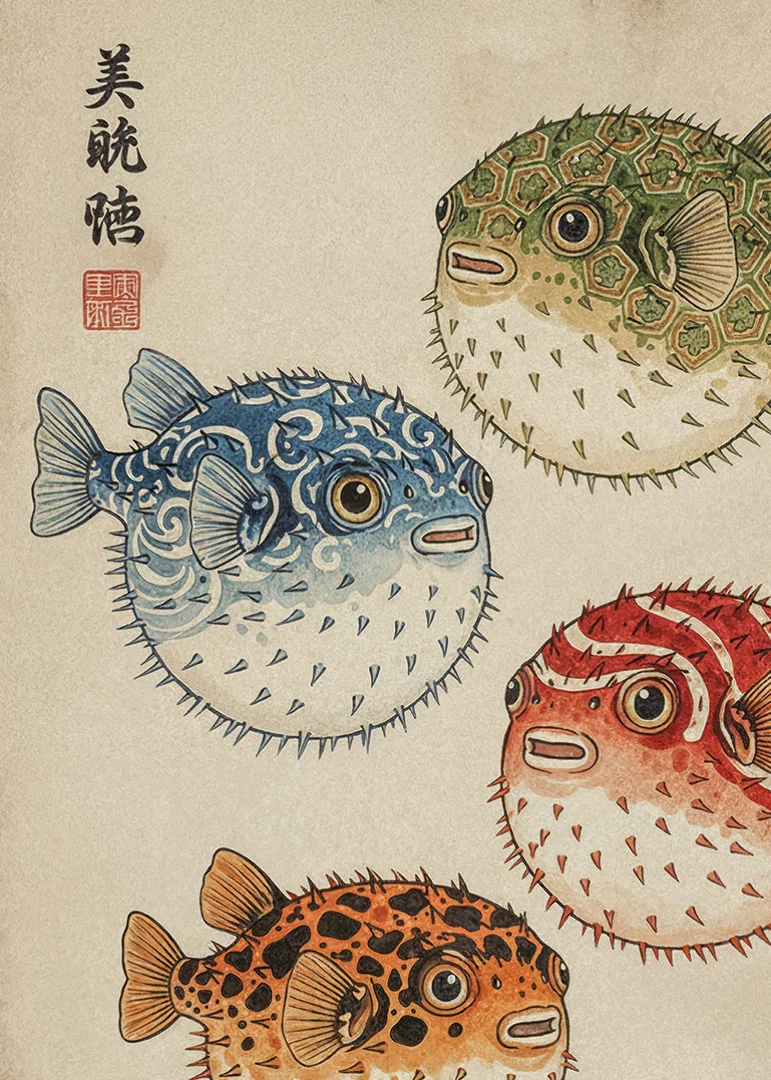 Fireworks display of colorful blowfish in traditional design.-12