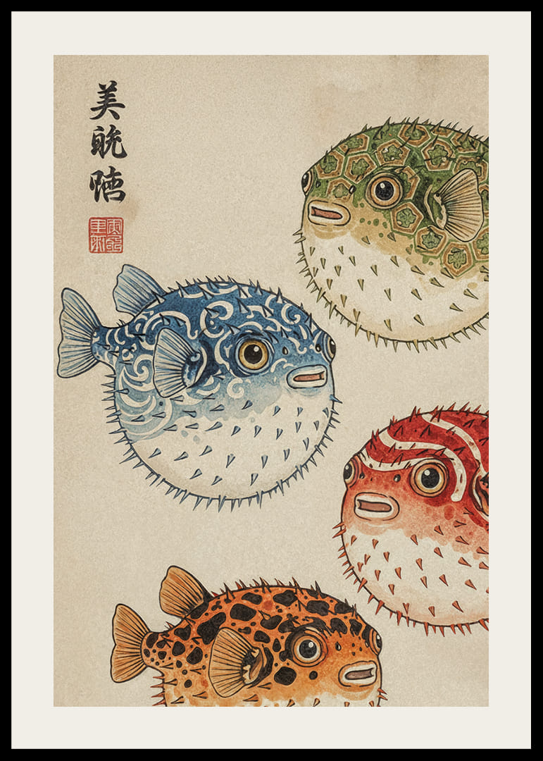 Fyrverkeri av färgglada blåsfiskar i traditionell design.-12