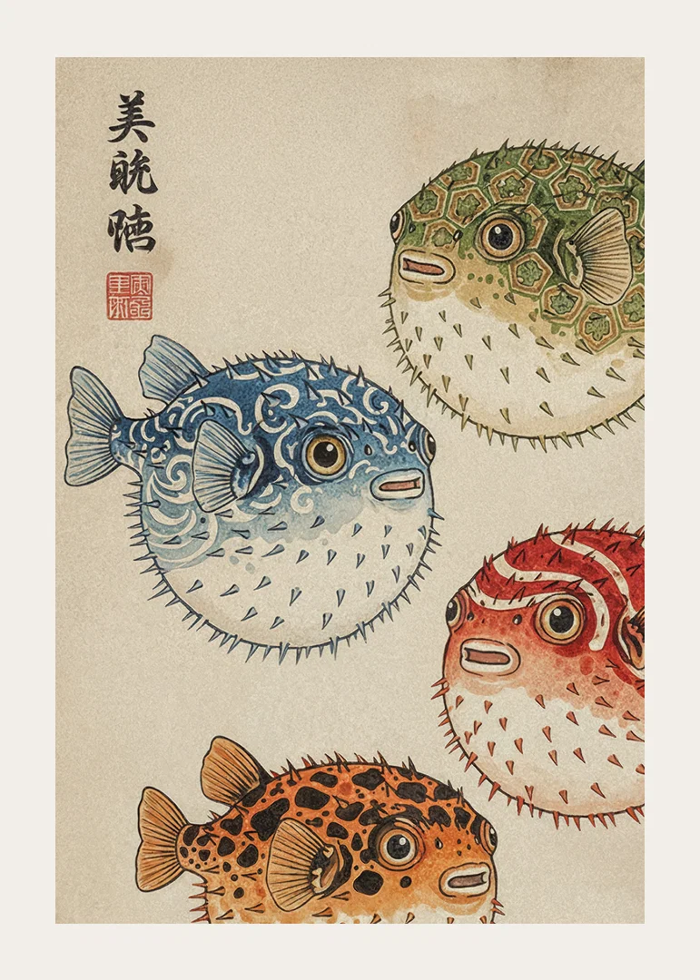 Fireworks display of colorful blowfish in traditional design.-12
