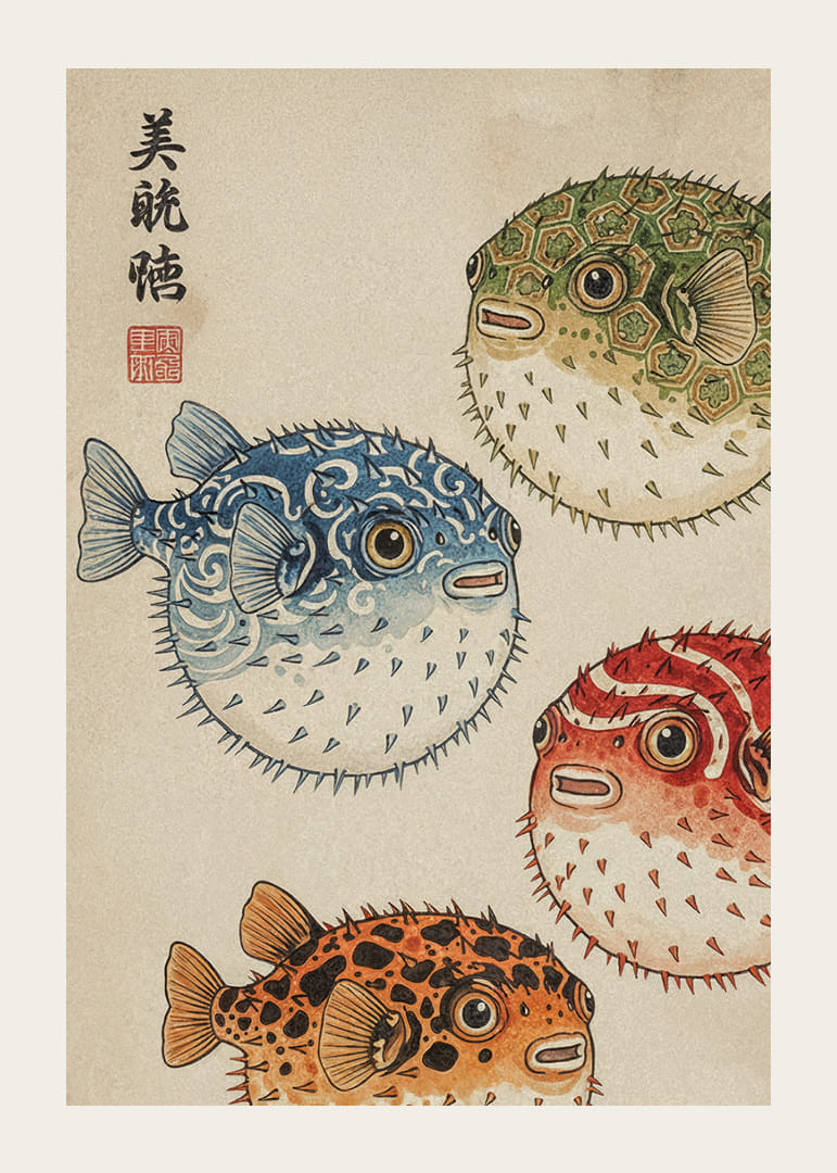 Fyrverkeri av färgglada blåsfiskar i traditionell design.-12