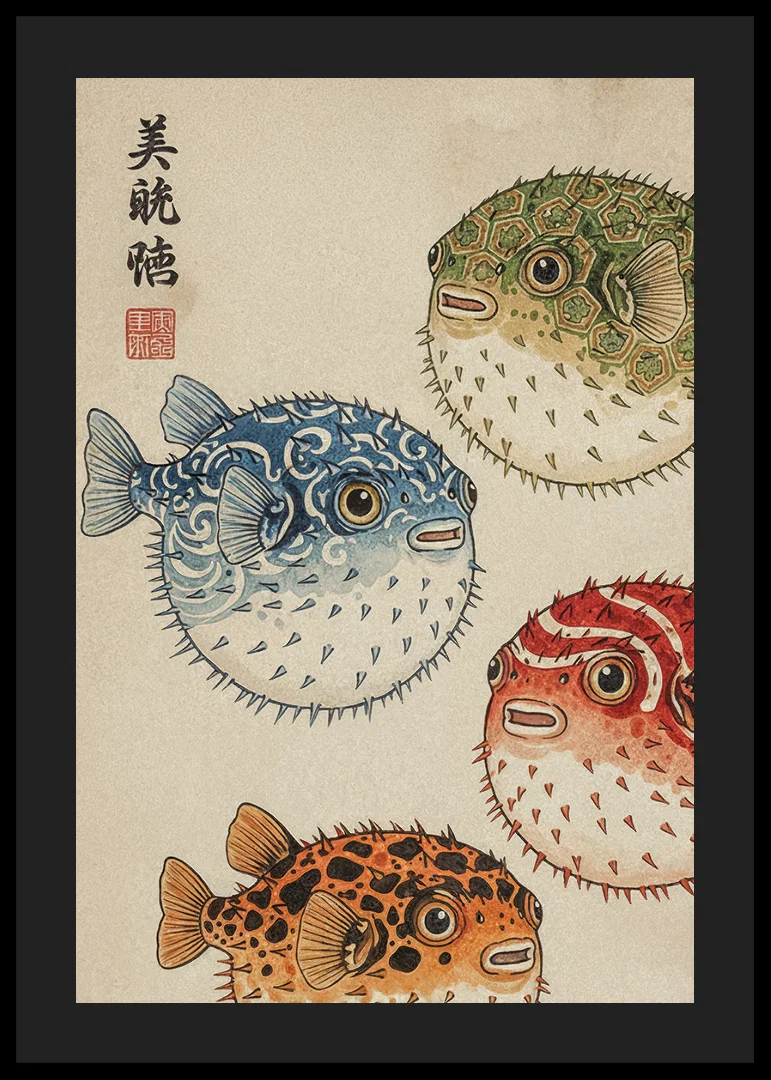 Fireworks display of colorful blowfish in traditional design.-12