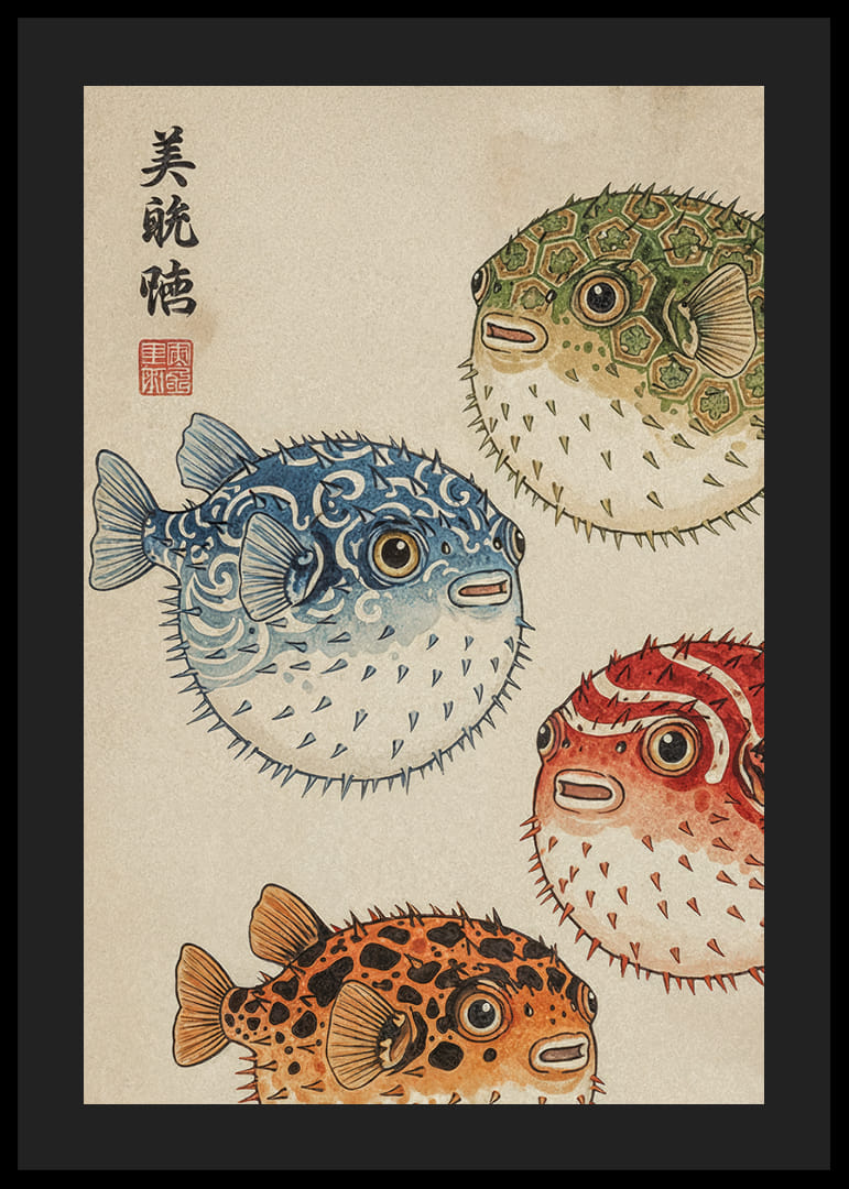 Fyrverkeri av färgglada blåsfiskar i traditionell design.-12