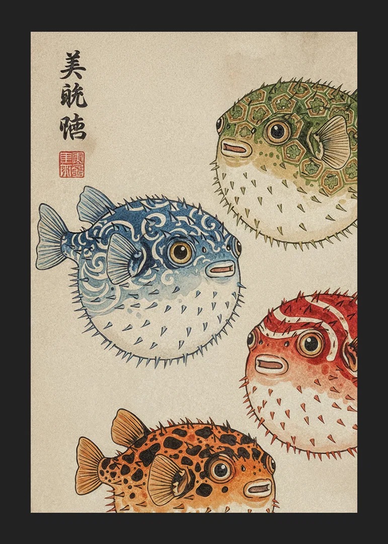 Fireworks display of colorful blowfish in traditional design.-12