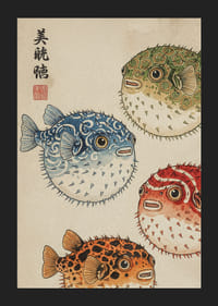 Fyrverkeri av färgglada blåsfiskar i traditionell design.-5