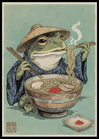 A frog in zen meditation with steaming noodles.-0