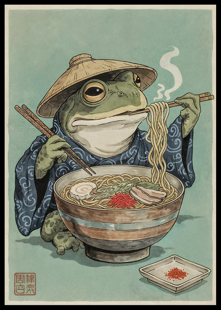 A frog in zen meditation with steaming noodles.-12