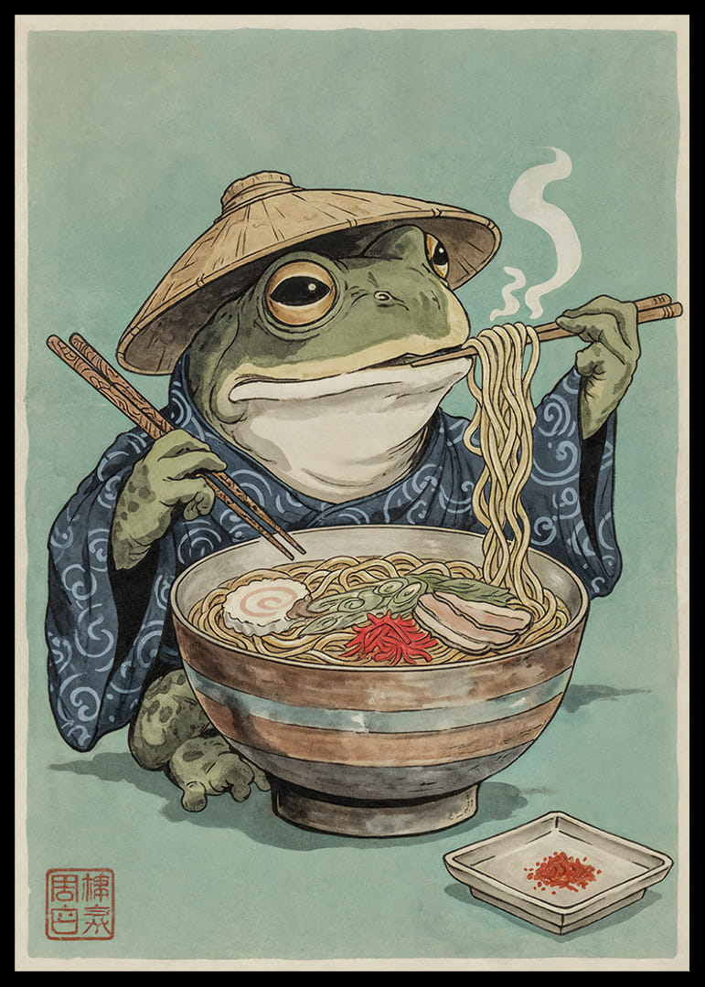 A frog in zen meditation with steaming noodles.-12