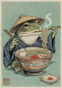 A frog in zen meditation with steaming noodles.-1
