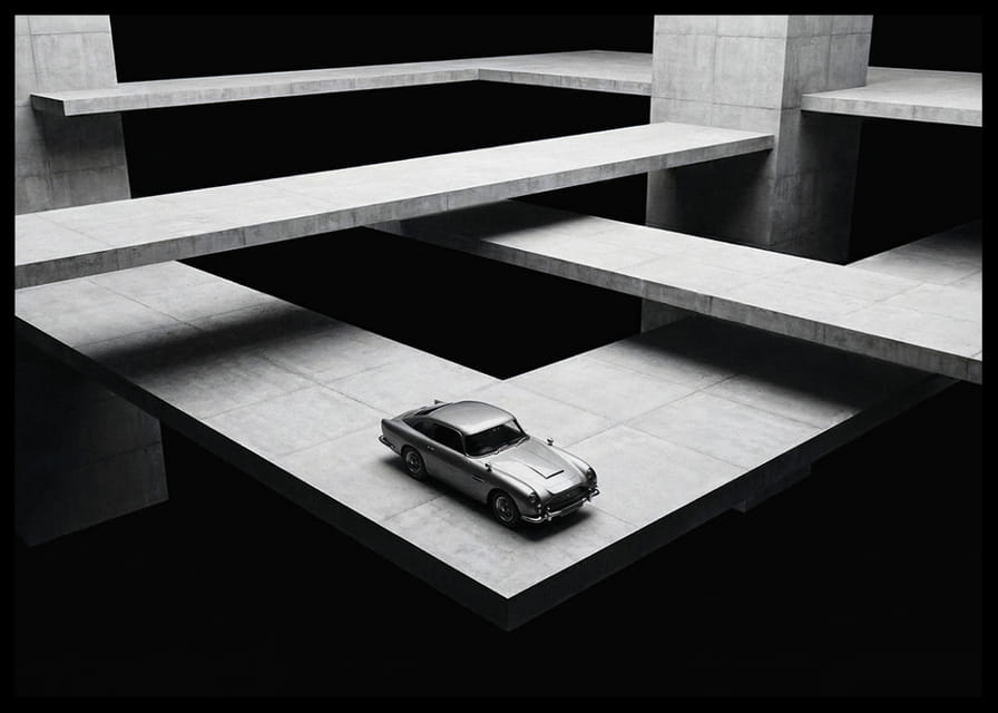 Een klassieke Aston Martin DB5 zweeft boven het moderne betonnen landschap.-12