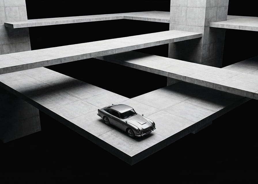 Een klassieke Aston Martin DB5 zweeft boven het moderne betonnen landschap.-12