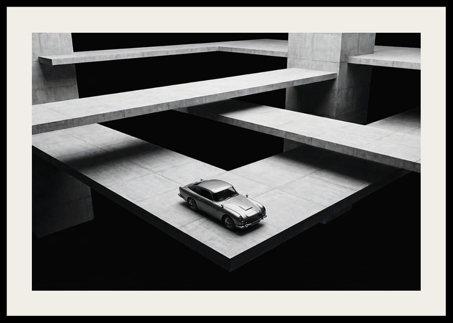 A classic Aston Martin DB5 hovers over the modern concrete landscape.-12