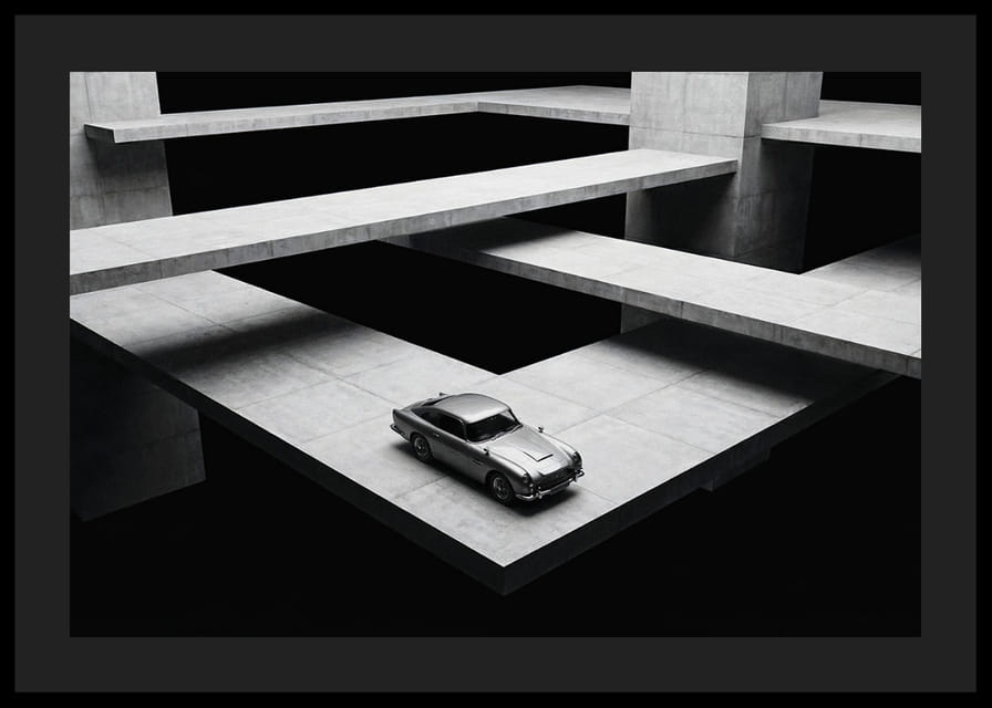 A classic Aston Martin DB5 hovers over the modern concrete landscape.-12