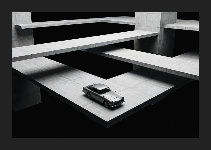 A classic Aston Martin DB5 hovers over the modern concrete landscape.-12