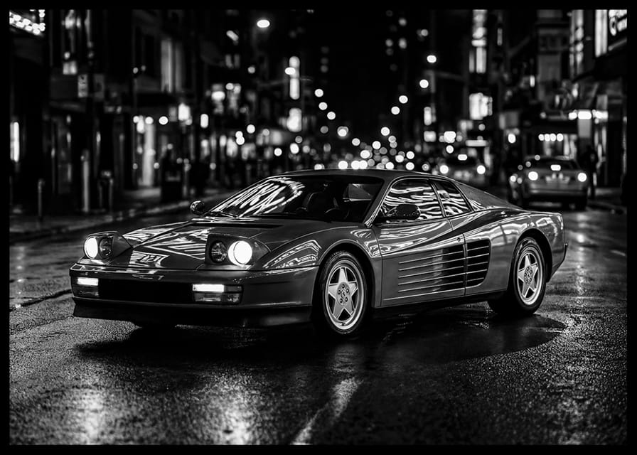 Een Ferrari Testarossa geparkeerd in het uitgaansgebied van de stad.-12
