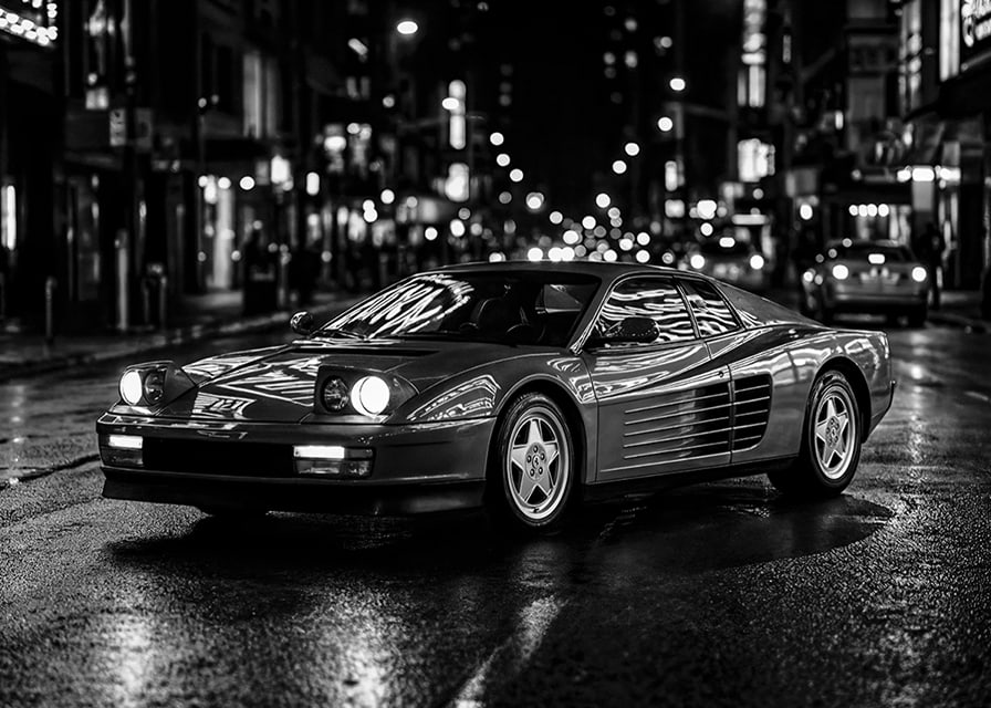 Ferrari Testarossa parked in the city nightlife.-12