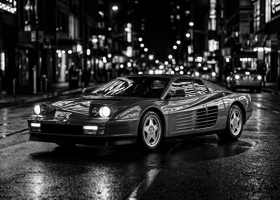 Een Ferrari Testarossa geparkeerd in het uitgaansgebied van de stad.-12