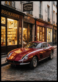 Een klassieke Ferrari 275 GTB staat te stralen voor een charmante boekwinkel.-2