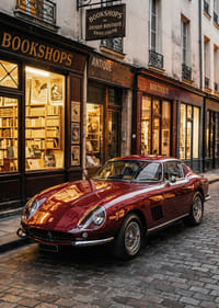 Een klassieke Ferrari 275 GTB staat te stralen voor een charmante boekwinkel.-3