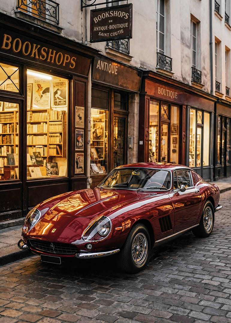 Een klassieke Ferrari 275 GTB staat te stralen voor een charmante boekwinkel.-12