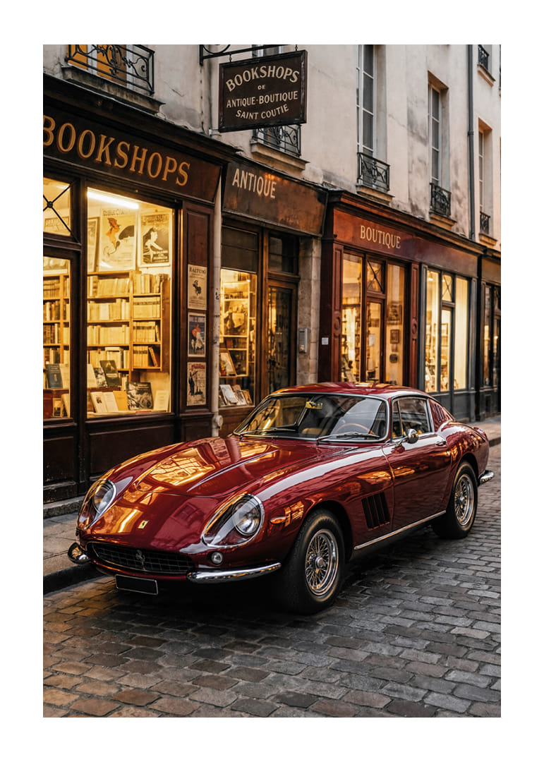 Een klassieke Ferrari 275 GTB staat te stralen voor een charmante boekwinkel.-12