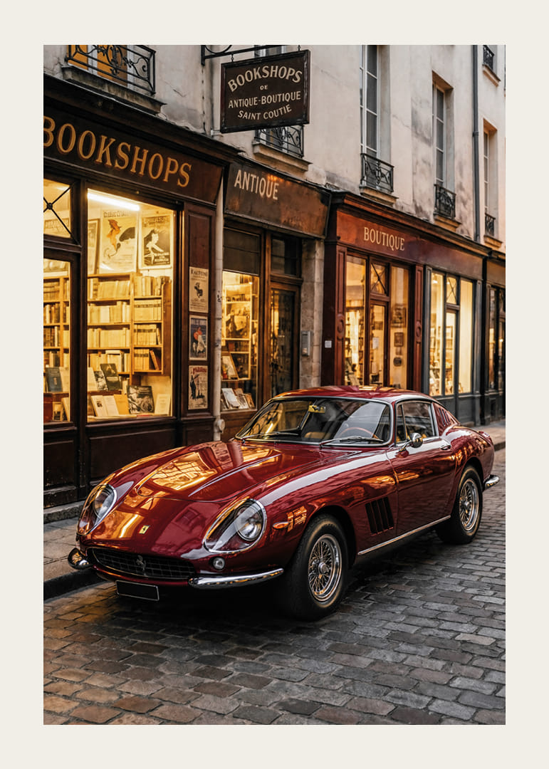 Klassisk Ferrari 275 GTB glänser framför en charmig bokhandel.-12