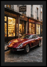 Klassisk Ferrari 275 GTB glänser framför en charmig bokhandel.-4