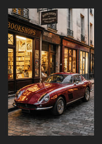 Klassisk Ferrari 275 GTB glänser framför en charmig bokhandel.-5