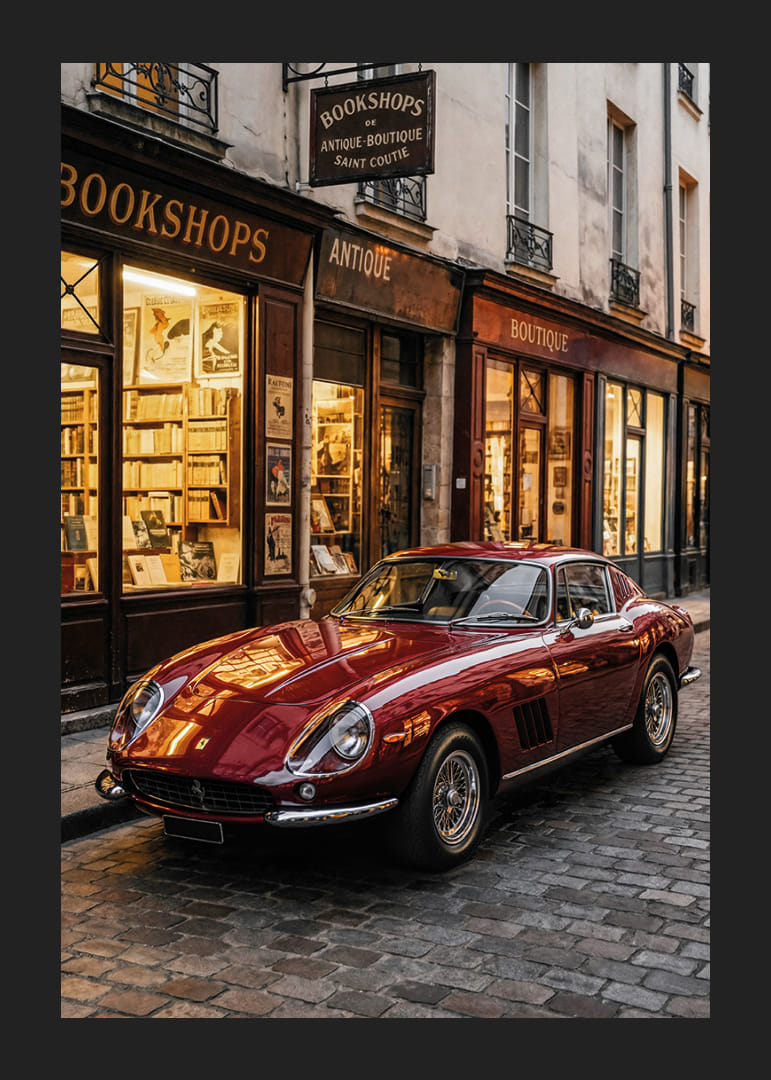 Klassisk Ferrari 275 GTB glänser framför en charmig bokhandel.-12