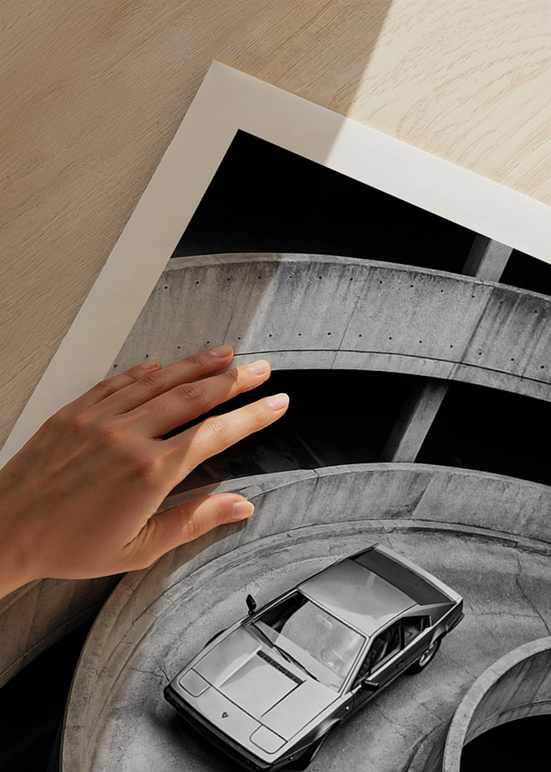 A Lamborghini Jalpa car sweeps through a spiraling concrete road in elegant style.-12