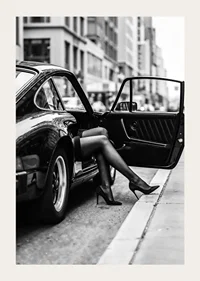 Elegant legs extend from a Porsche 911 in an urban setting.-3