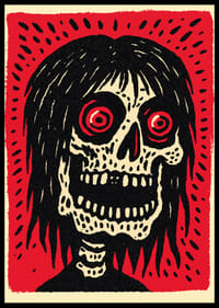 En uhyggelig plakat med en lys rød baggrund og et intenst blik.-0