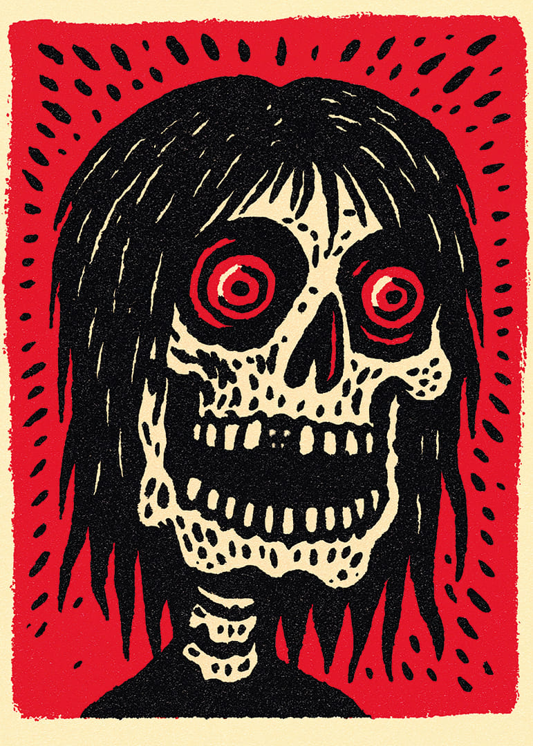 En uhyggelig plakat med en lys rød baggrund og et intenst blik.-12