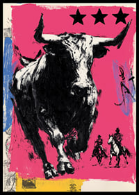 The bull rushes forward across a vibrant pink background.-6