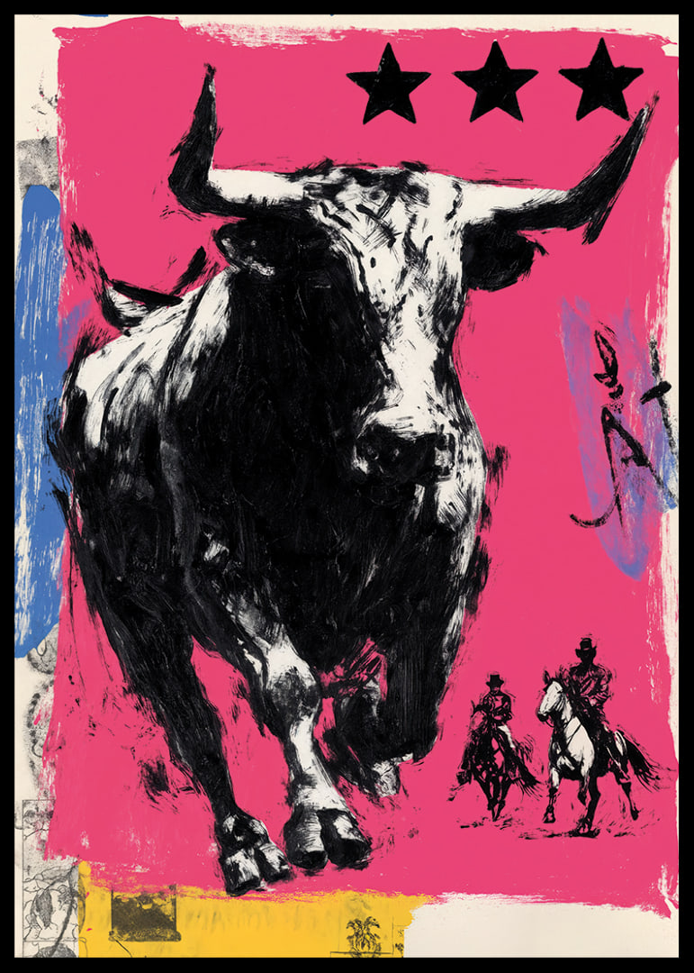 The bull rushes forward across a vibrant pink background.-12