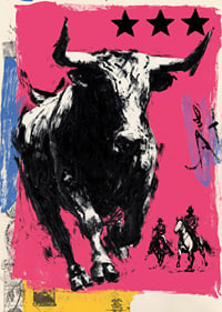 The bull rushes forward across a vibrant pink background.-7