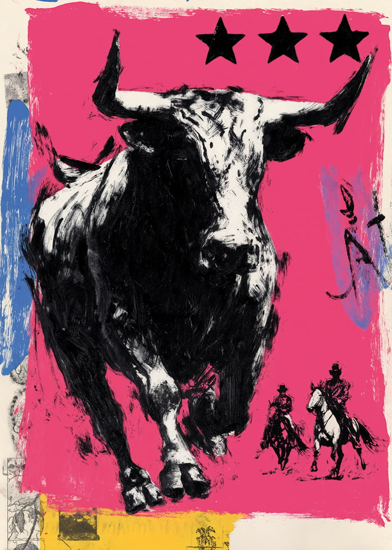 The bull rushes forward across a vibrant pink background.-12