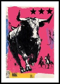 The bull rushes forward across a vibrant pink background.-0