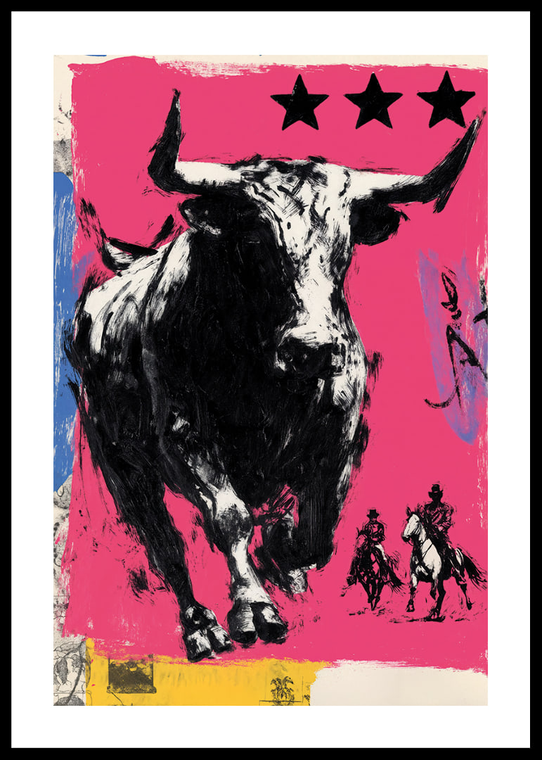 The bull rushes forward across a vibrant pink background.-12