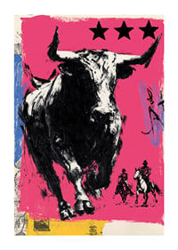 The bull rushes forward across a vibrant pink background.-1