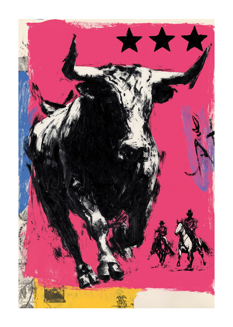 The bull rushes forward across a vibrant pink background.-12