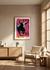 The bull rushes forward across a vibrant pink background.-8